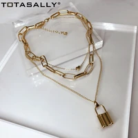 totasally hot womens necklace punk golden layed false collar chain necklace heart lock pendant sweater jewelry dropship
