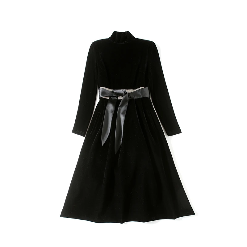 

COIGARSAM French Style Full Sleeve Women dress Bow Dresses Black 8833