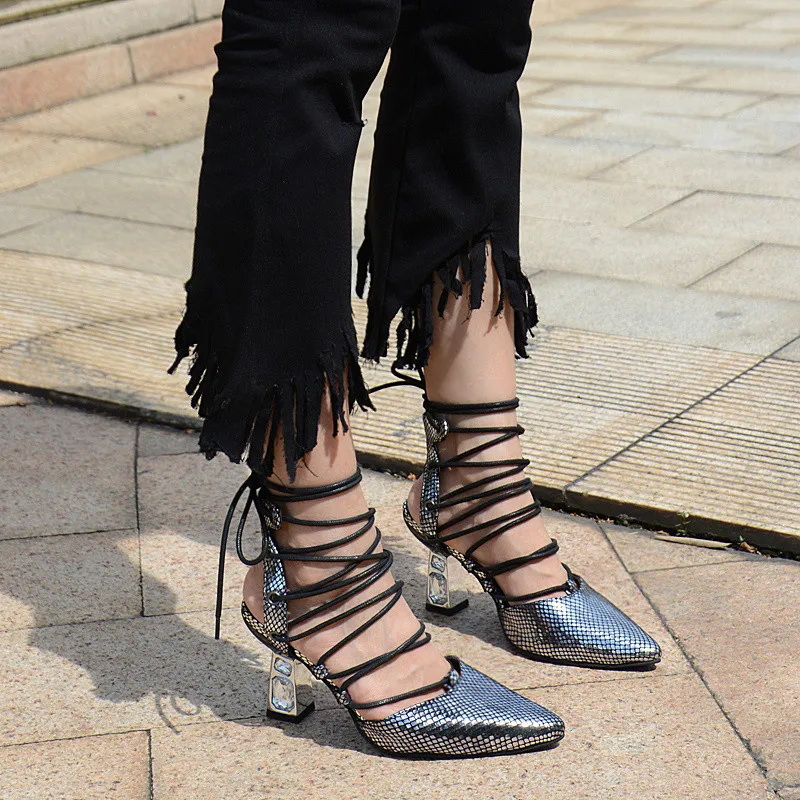 

Crystal Heel Women Pointed Toe High Heels Lace -up Ladies Summer Sandals Sexy Women Pumps Female Stiletto