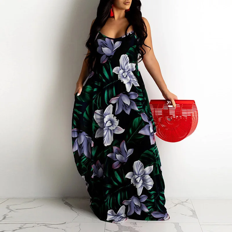 

Retro Floral Print Loose Casual Dress Women 2021 Summer Elegant Sleeveless Sling Beach Dresses Ladies Strap Bohemian Maxi Dress