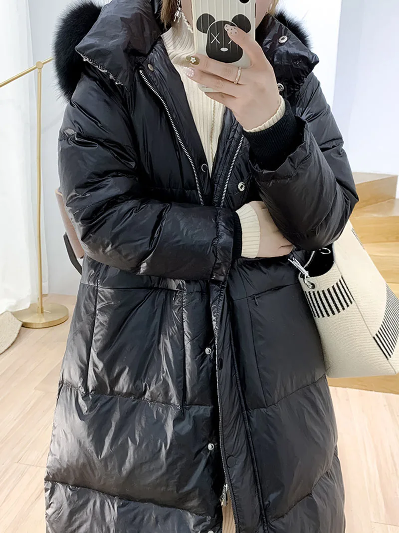 Женский пуховик с капюшоном длинная свободная теплая парка на белом утином пуху