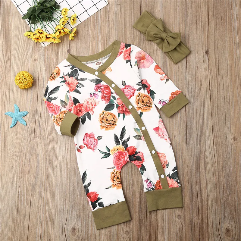 

Fashion Newborn Baby Girl Autumn Long Sleeve Romper Infant Baby Girl Flower Printed Long Romper Outfits Clothes+ Headband Set