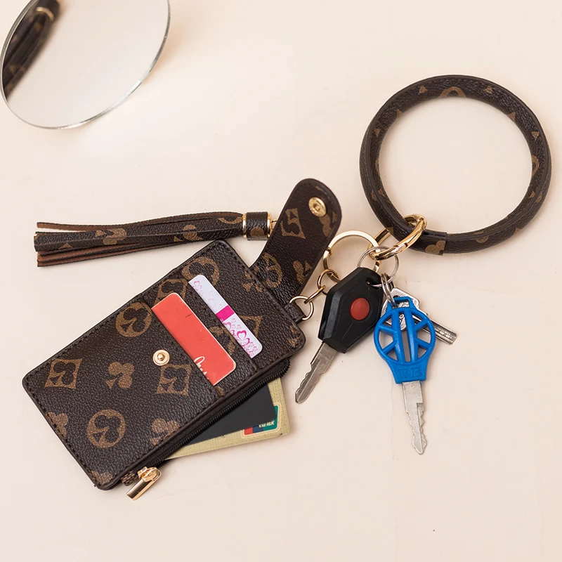 

New Card Bag Wallet PU Leather Bracelet Key Chain Vintage Print Wallet Coin Fashion Bag Key Chain Pendant