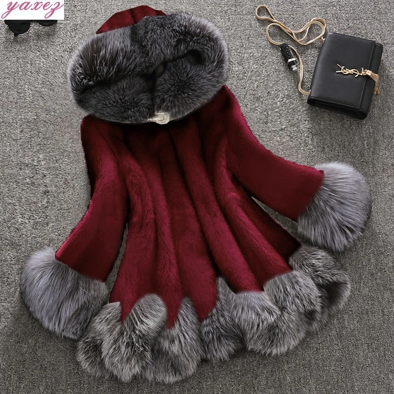 Роскошная женская зимняя теплая куртка из искусственного меха размера плюс 10XL, Женская куртка из лисьего кроличьего меха с капюшоном, пальто с имитацией юбки, стильная теплая меховая куртка