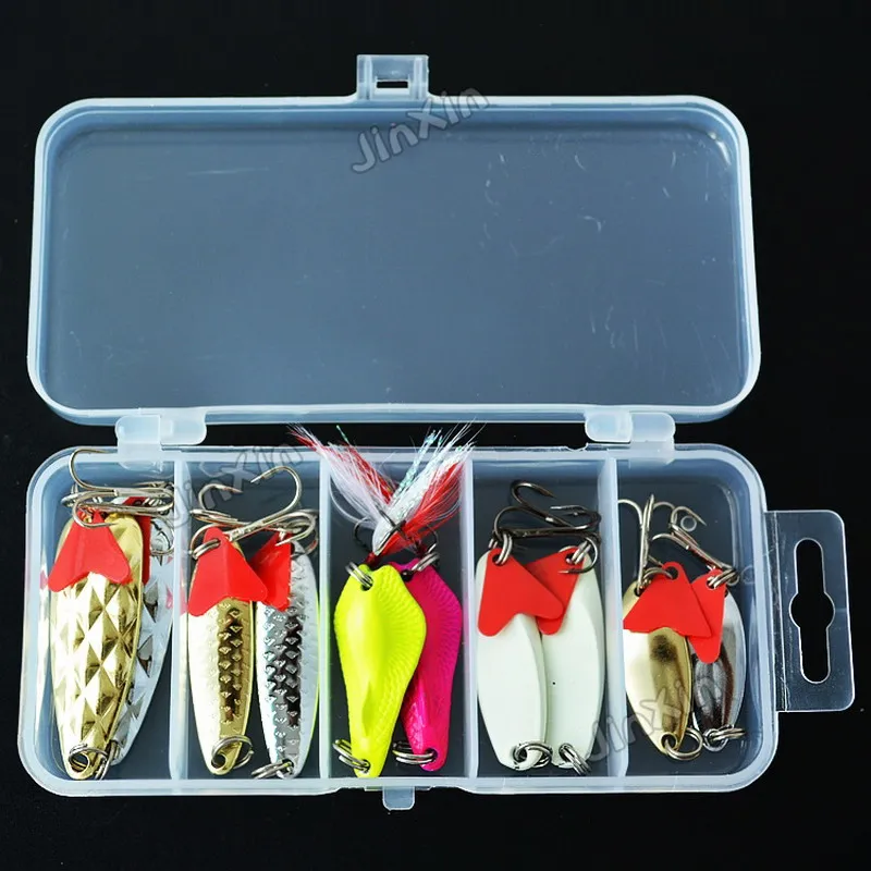 

10Pcs Fishing Metal Spoon Lure Kit Set Gold Silver Baits Multiple Sequins Spinner Lures with Box Treble Hooks Fishing YU081