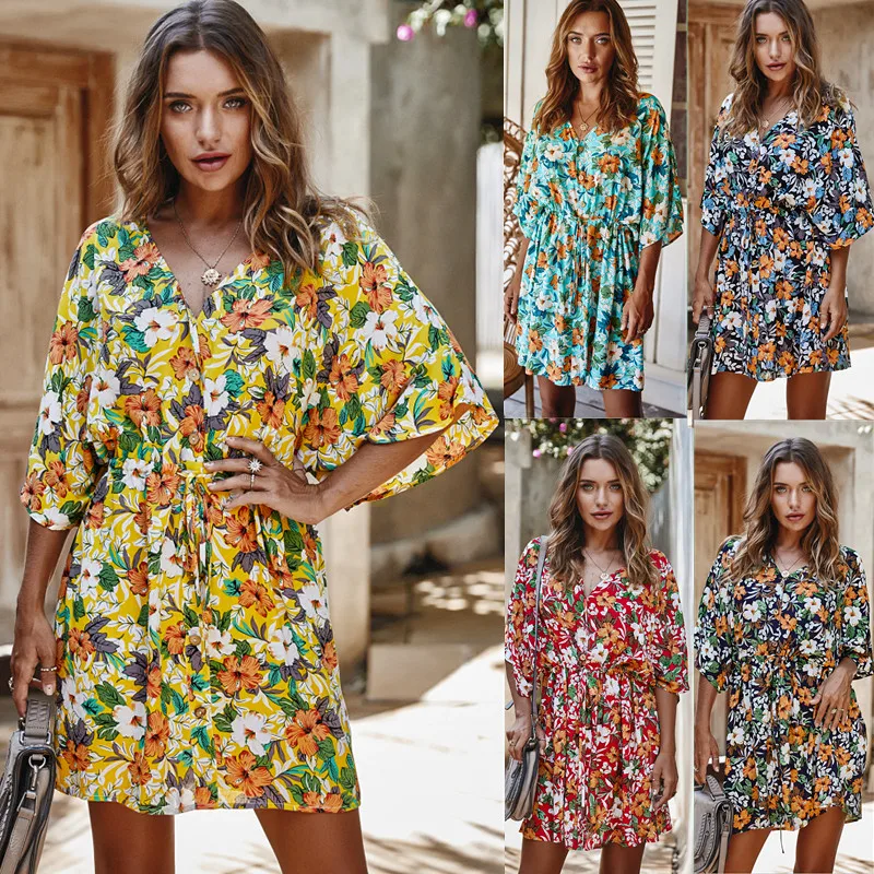 

Women V-Neck Boho Printed Casual Loose Sundress