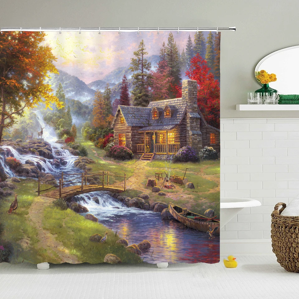 

Garden Flowers Rural Scenery Shower Curtains Decoration Waterproof Fabric Bath Curtain Bathroom Door Bathing Screens