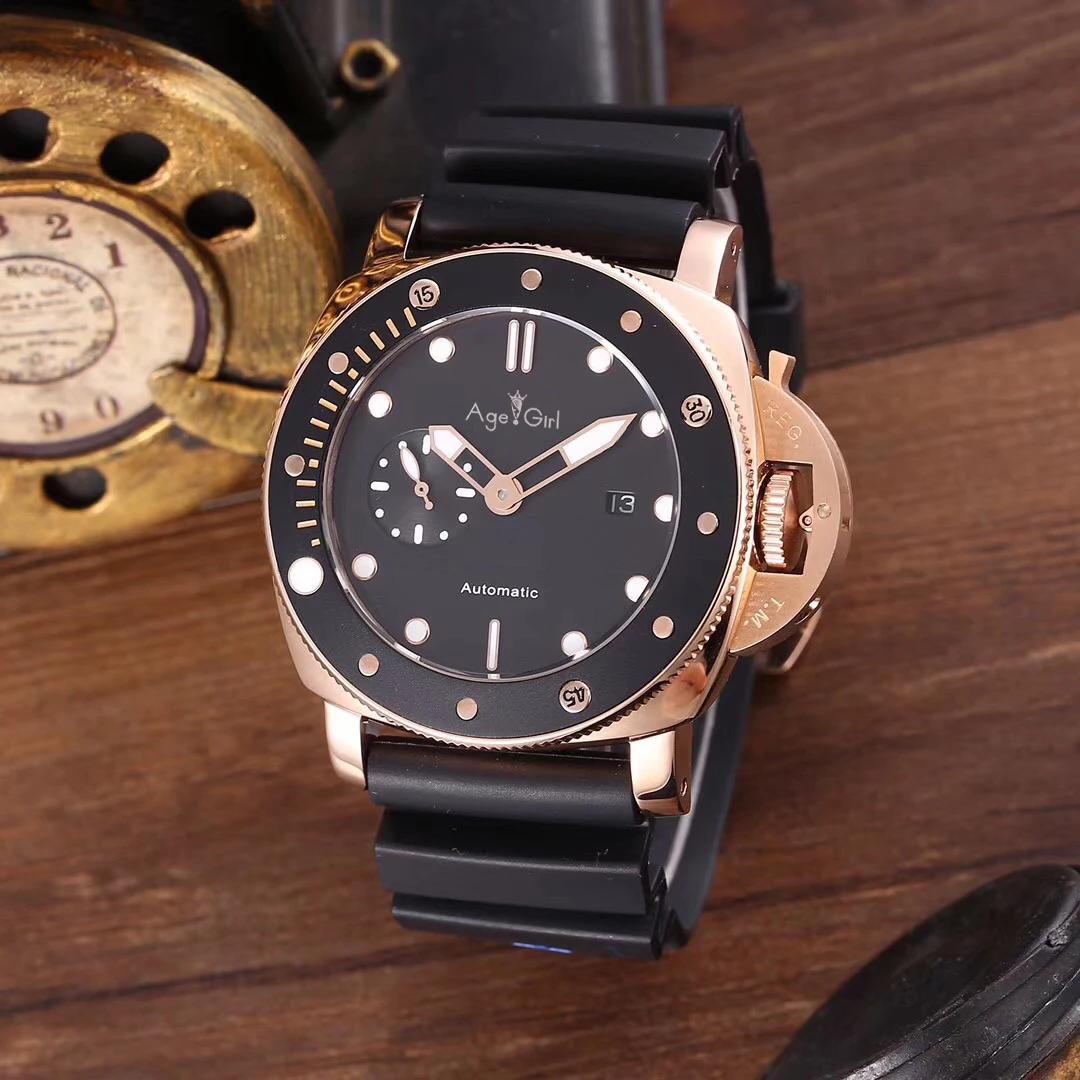 

Classic New Men Automatic Mechanical Sapphire Stainless Steel Rose Gold Black Ceramic Rubber Watch Power Reserve Luminous