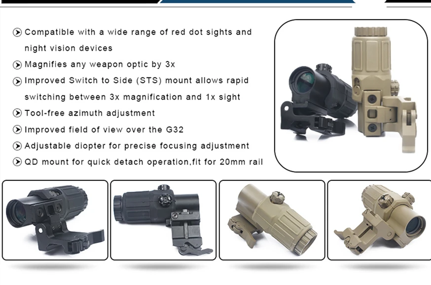Outdoor Hunting Scope G33 3X Magnifier Holographic Sight Scope For 20mm Weaver Rail Mounts with Switch to Side Quick Detachable
