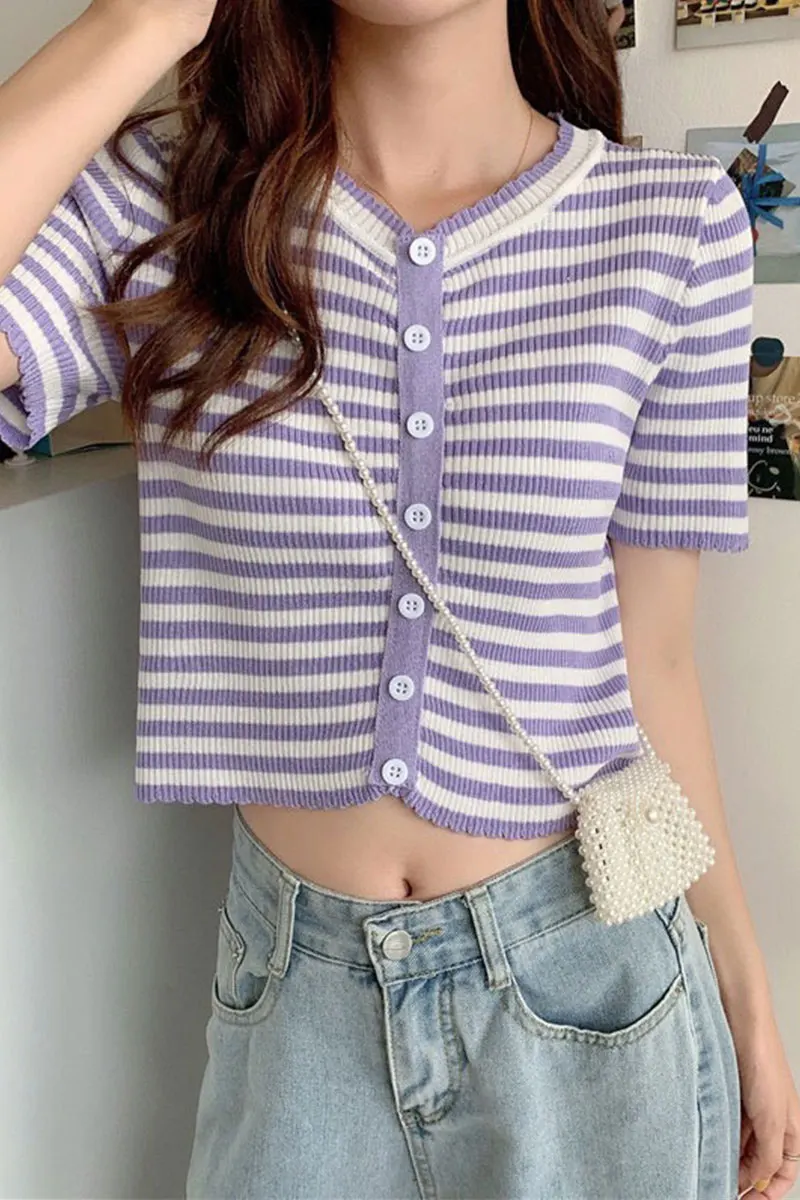 

Korean Style Thin Chic All-Match Tshirt Striped Knitted Short Top for Women 2021 Summer Slim Fit Slimming Short Sleeve T-shirt