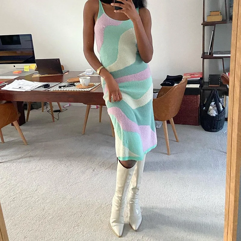 

2021 Print Knit Bodycon Dress Women 5 Colors Y2K Summer Hollow Out Sexy Sleeveless Spaghetti Strap Beach Midi Dresses Party