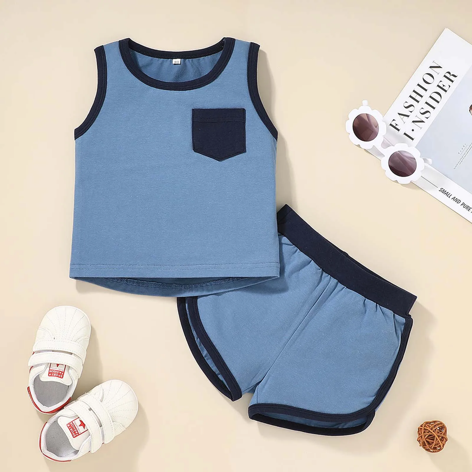 

Комплект детской одежды, летний однотонный жилет с карманами для мальчиков + повседневные спортивные брюки, костюм из двух предметов, Одежд...