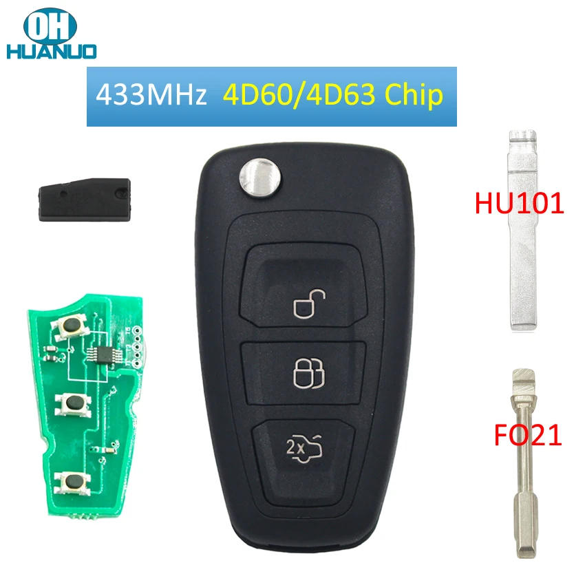 3 кнопки Складной Дистанционный брелок 433 МГц с чипом 4D60/4D63 для Ford Focus MK3 и T6 Ranger HU101
