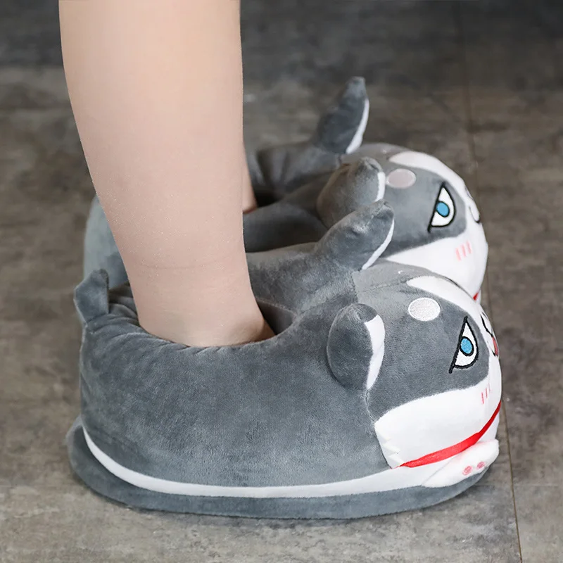 36-44yead Cute dog husky warm cotton slippers fat shoes men and women couple's bedroom cotton shoes mute