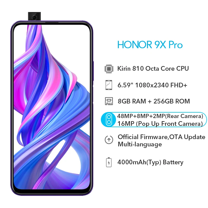 Honor 9X Pro Global rom Поддержка Google смартфон 8 Гб 256 ГБ 6,59 дюймов полный экран 8MP 3 камеры GPU Kirin 810 Восьмиядерный телефон