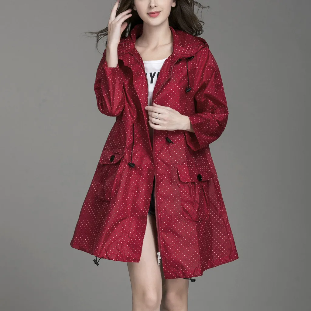 Женский свободный Тренч в горошек с капюшоном и шнуровкой водонепроницаемая