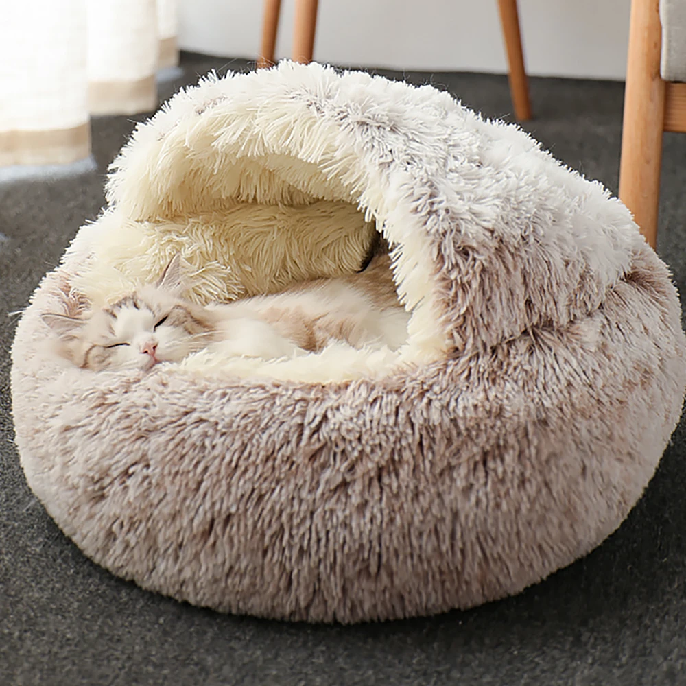 

Fluffy Cat Bed House Plush Round Cat Bed Cat Warm House Soft Long Plush Puppy Cat Cushion Mat Sleeping Bed Cat Supplies