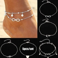 vintage 5pcs set heart anchor head artificial pearl alloy anklet 2021 summer beach foot jewelry fashion style anklets for women