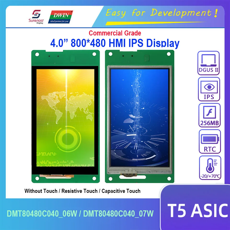 Dwin T5 HMI Display, DMT80480C040_06W DMT80480C040_07W 4.0" 800X480 IPS LCD Module Screen w/ Resistive Capacitive Touch Panel