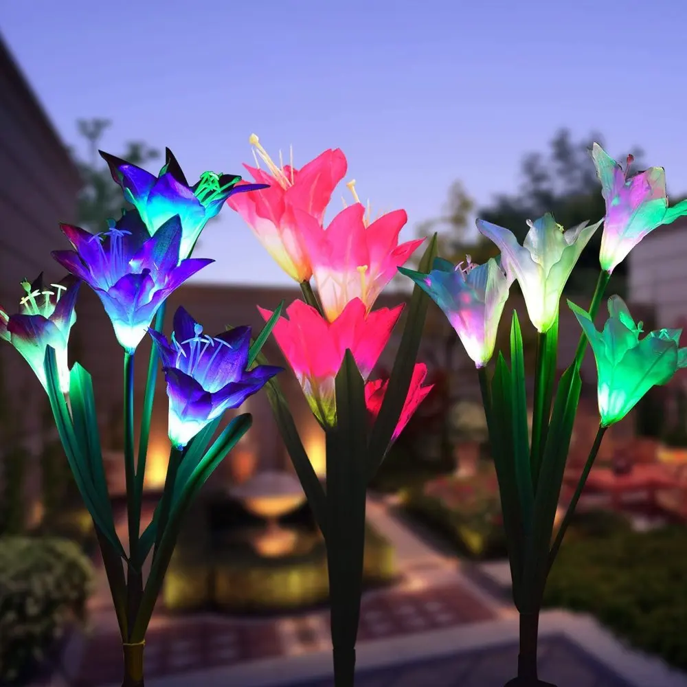 

3pcs/lot Solar Powered Lights with 12 Lily Flower RGB LED Outdoor Solar Landscape Lighting Light for Garden Mother's Day
