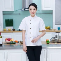 unisex topstitched chef jacket coat single breasted short sleeves shirt kitchen uniform with mandarin collar lfte pocket