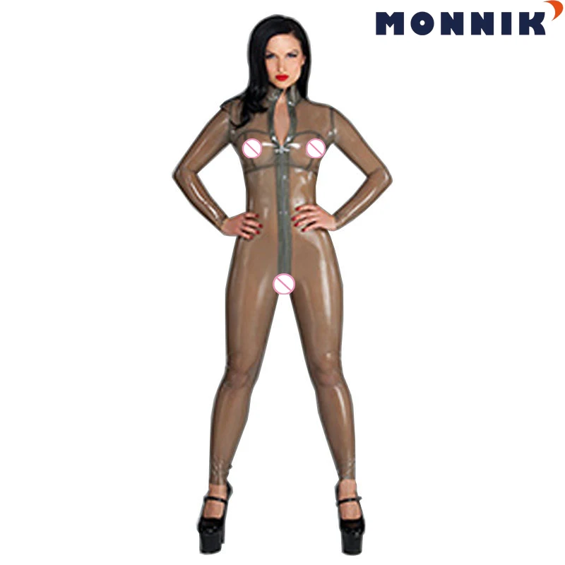 MONNIK latexSexy Latex прозрачный черный Zentai Catysuit женский резиновый с молнией