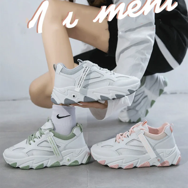 

Summer Sneakers Autumn Women Shoes Fashion New Solid 5cm High Casual Student Female Shoes Flat-with Round Toe Cross-tied Mesh