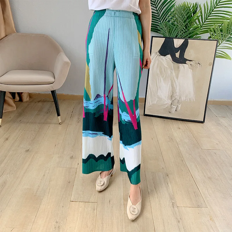

Japanese Designer Miyake Women's Pleated Wide Leg Pants Fall Print Pants Loose Straight Leg Pants