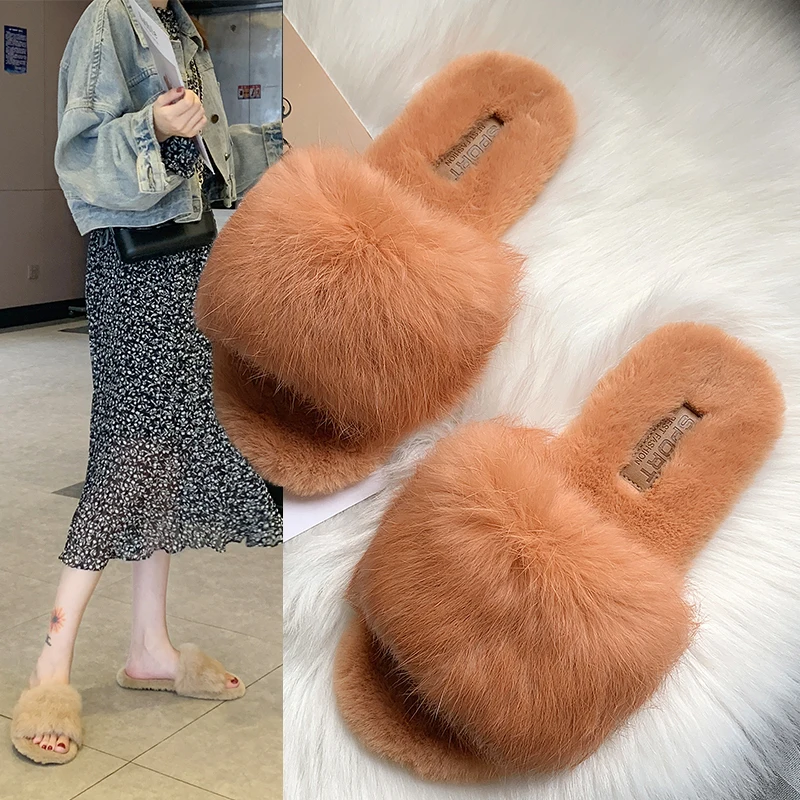 

Hot Sale Women Slippers Fashion Fluffy Faux Fur Plush Slippers Women Spring Autumn Slides Flip Flops Flat Shoes 35-40 g754