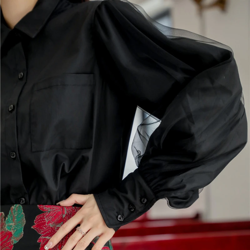 

Mesh Spliced Puff Sleeves Design Vintage Casual Shirts Solid Simple Office Lady Sweet Femme Blusas Single Breasted Spring Tops