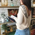 Новинка Осень-зима 2020, вязаная блузка ручной работы с большим V-образным вырезом и бусинами для ногтей