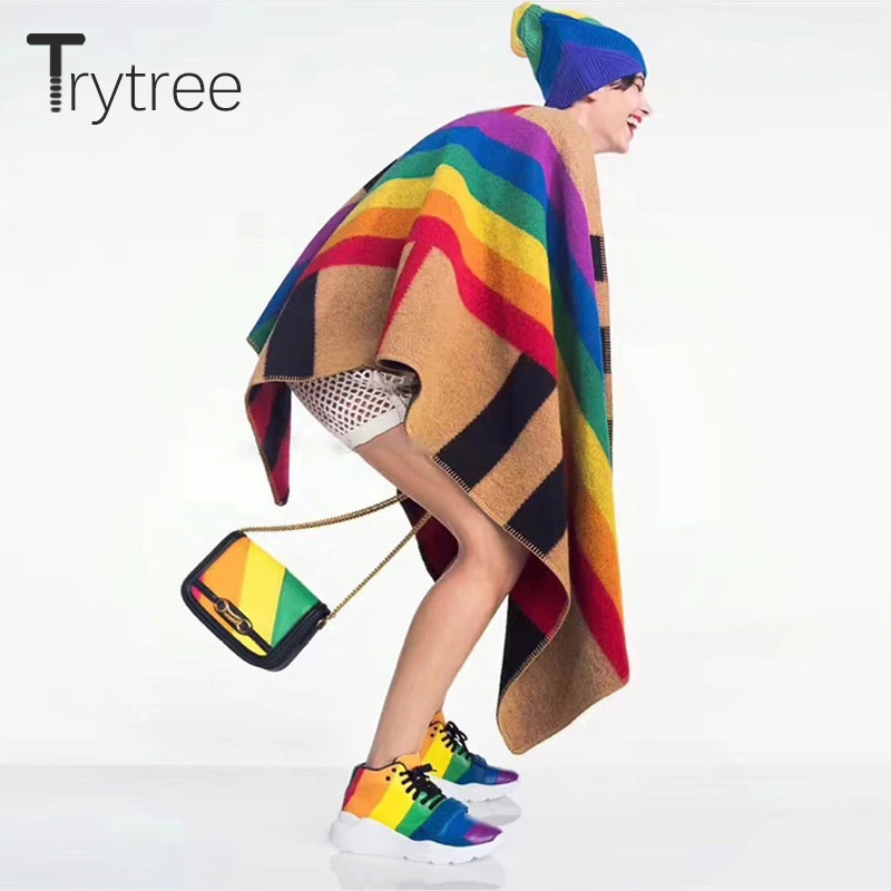 Trytree осень-зима Для женщин шарф шаль Повседневное Радуга держать теплое пончо модные длинные женские человек на все случаи жизни, Стиль толстый шарф