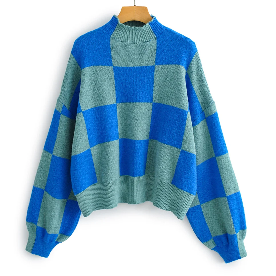 

Winter Oversized Sweaters Women Half Turtleneck Sweater Knitted Casual Plaid Pullover Lantern Sleeve Woman Jumper Pull Femme