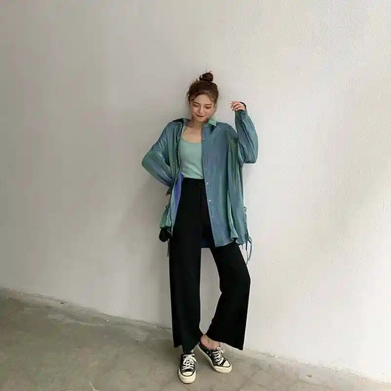 NiceMix летняя Harajuku градиентная блузка женские рубашки Высокое уличное свободное с длинным рукавом Женские топы и блузки Blusas Camisas Mujer