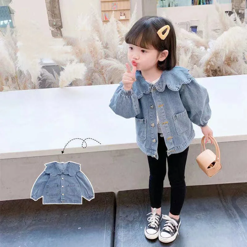 

Демисезонная джинсовая куртка для девочек, Повседневная дышащая джинсовая куртка с большими кружевными лацканами в Корейском стиле, GJ11, 2021