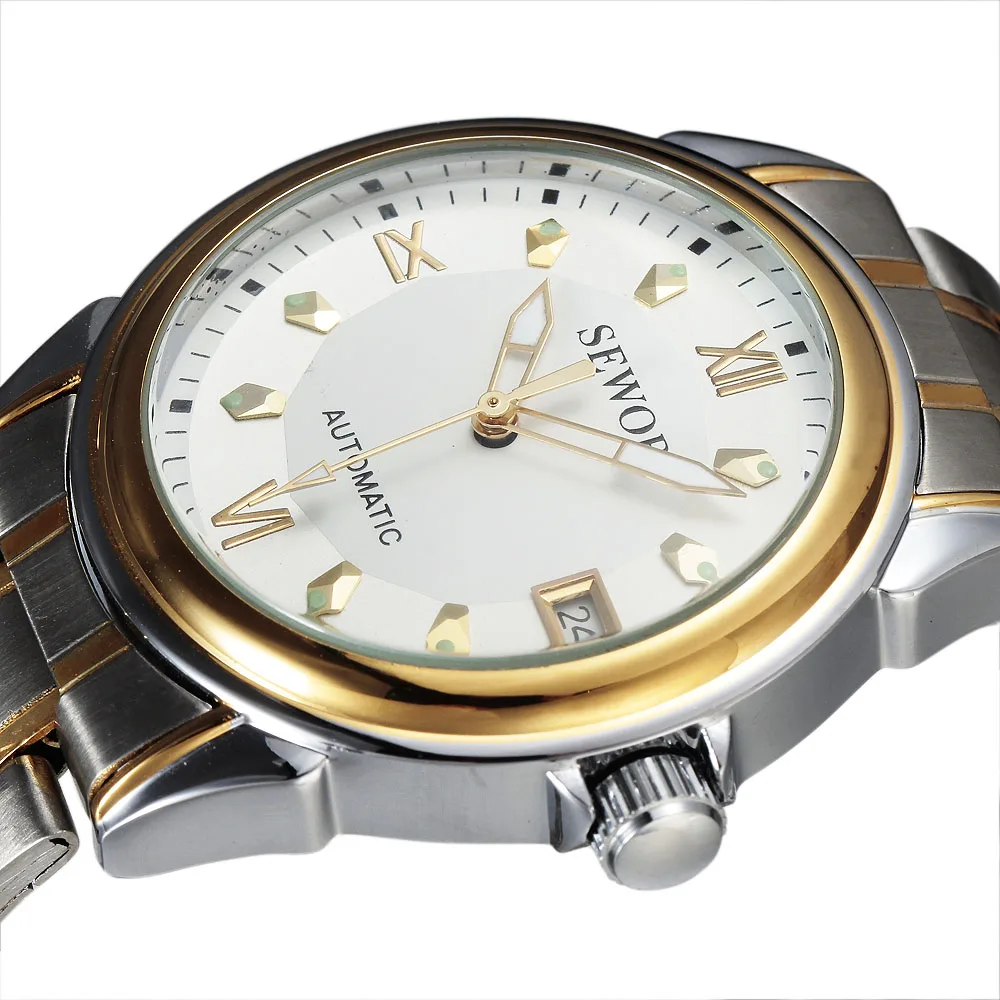 

New SEWOR Business Men Mechanical Watches Luxury Gold Silver Steel Roman Automatic Watch Auto Date Male Dress Clock Gift
