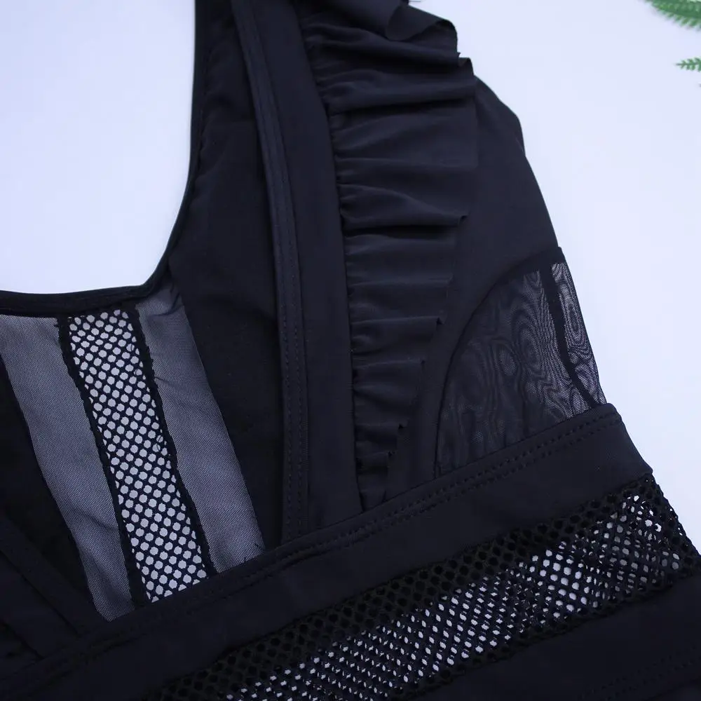 

One Piece Swimsuit Push Up Swimwear Women Ruffle Monokini 2020 Sexy Black Mesh Lace Swimsuit Bodysuit Bathing Suit Beach