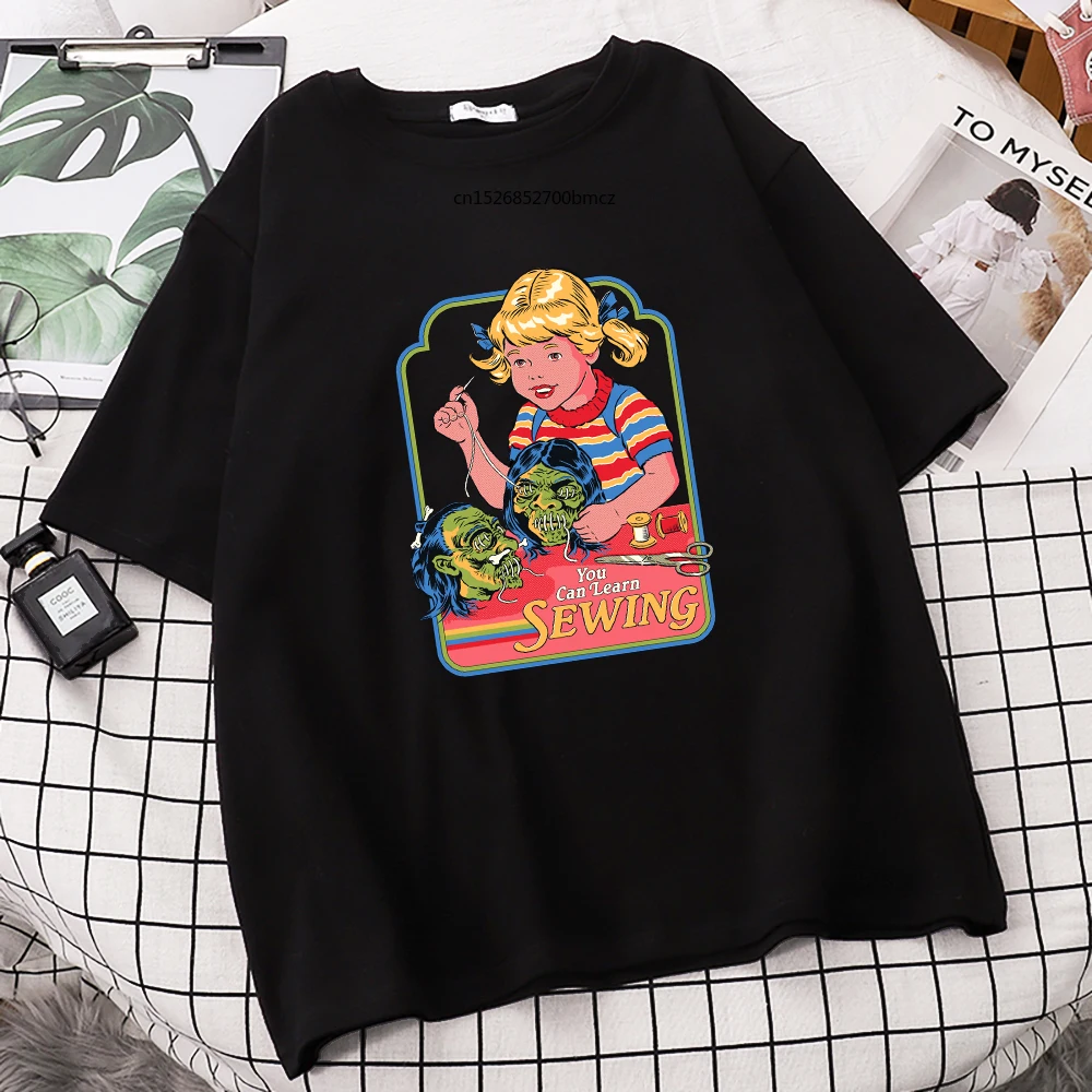 

You Can Learn Sewin Cartoons Printing T Shirts Cool Crewneck Loose Tshirt Vogue Oversize Tee Shirts