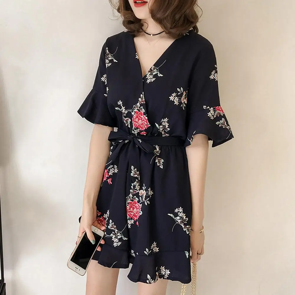 

Plus Size Womens Jumpsuits Chiffon V-Neck Short Sleeve Sashes Printed Rompers Overalls Ropa Mujer 2020 New Hot Drop Shipping E