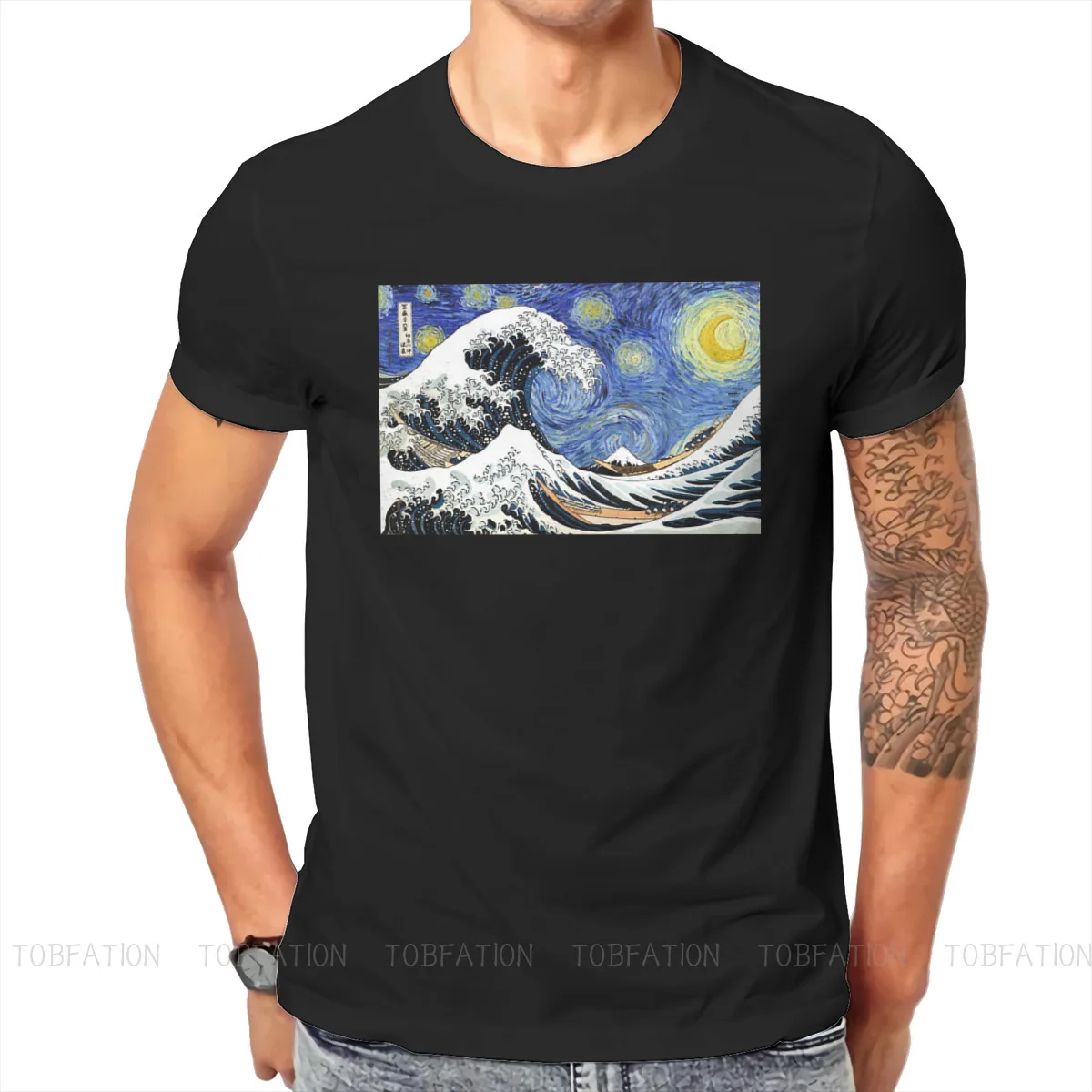 

Impressionism TShirt for Men Iconic Starry Night Wave of Kanagawa Humor Summer Tee T Shirt Novelty Trendy Fluffy