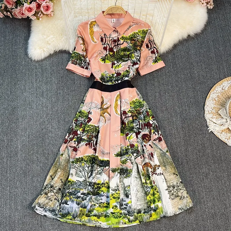 

Ladies 2021 New Summer Casual Fashion Designer Shirt Dress Turn Down Neck Print High Waist Short Sleeve Women's Party Dress