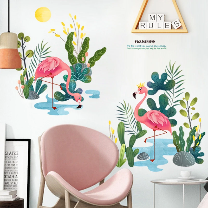 

Green Plant Flamingo Bedroom Bedside Background Wall Sticker Entrance Living Room Decor Home Decoration Stickers Self-adhesive