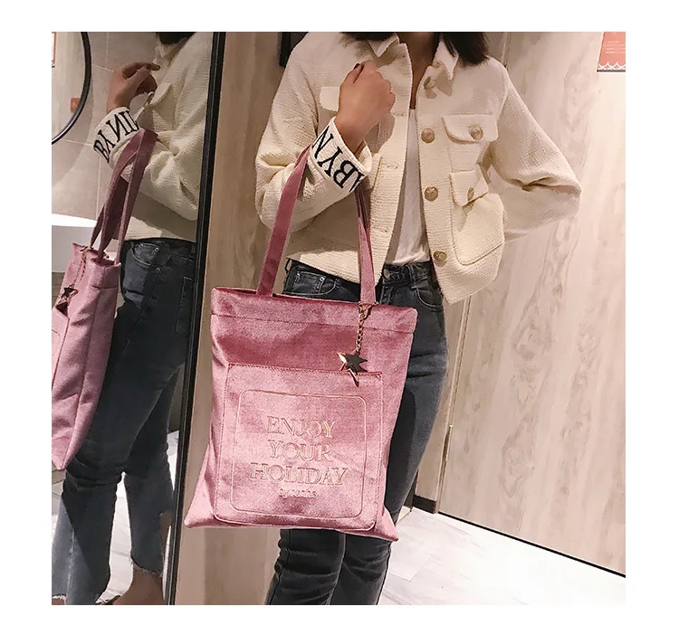 

GOUSTER 2019 Autumn New Women Velour Shoulder Bag Fashion Star Pendant Tote Letter Female Handbag High Quality Luxury Shopping