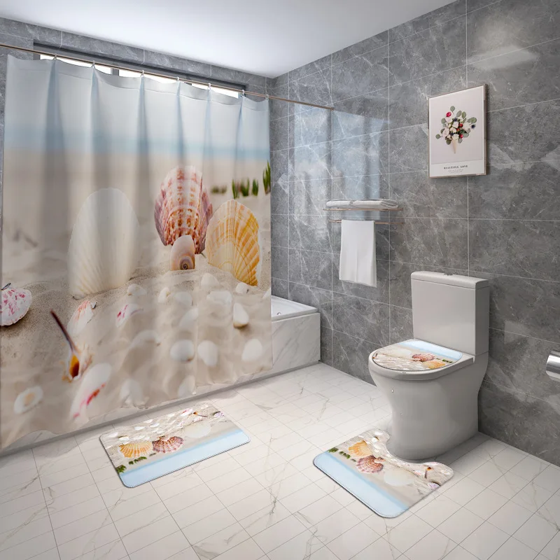 

4Pcs Bathroom Rugs Set and Shower Curtain Printed Non Slip Bathroom Mat Washing Machine Toilet WC Carpet Quick Dry Mats