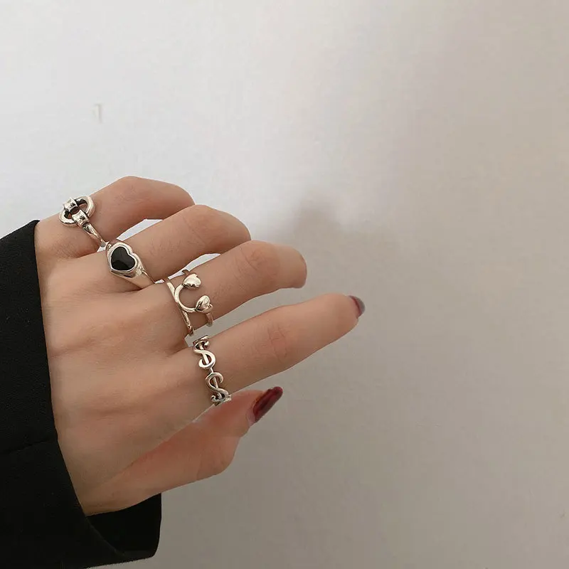 

MEYRROYU 925 Sterling Silver Korean Simple Fashion Open Ring Four-Piece Set Ladies Fashion Trend Jewelry 2021 New Wholesale