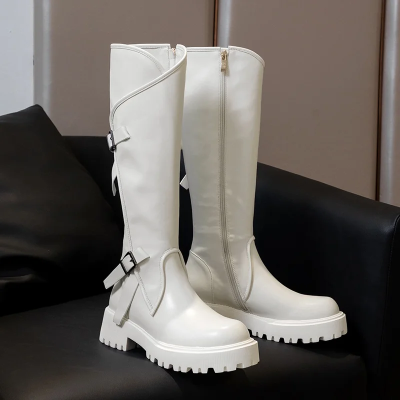 

2021 New Women Fashion Long Boots Round Toe Thick Heels Platform Black White Shoes Woman Autumn Winter Knee High Boots size 40