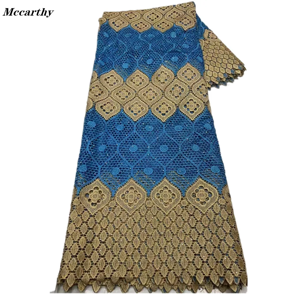 

Mccarthy Blue Gold African lace fabric 2021 high quality Guipure lace fabric Latest French Cord lace fabric for Wedding 5 Yards