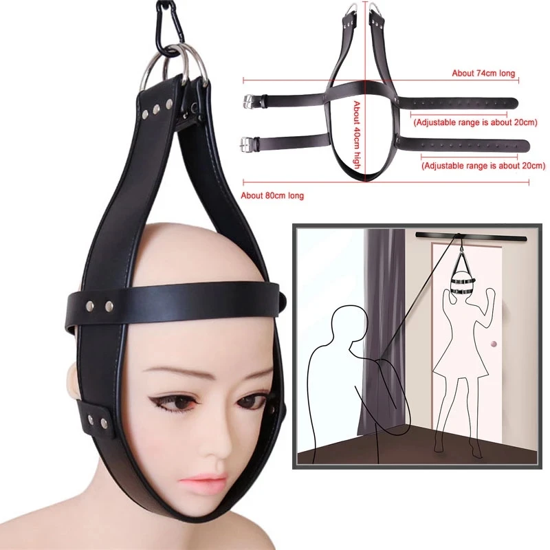 Кожаная подвесная вешалка для головы с кольцом для повешения, капюшоном, фетиш-маской для секса BDSM, связывающим устройством для головы, кляпом для рта, играми SM, игрушками для пар.