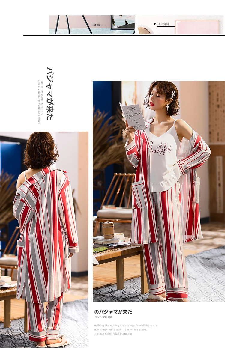 

Loungewear Homewear Home Clothing Pijama JRMISSLI 3 Piece stripe Print Pajamas Set Sleepwear Ladies Pyjama