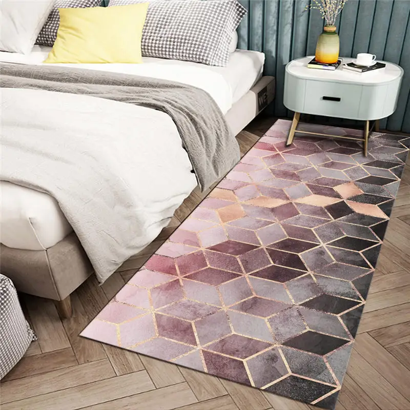 

Длинный прикроватный коврик в скандинавском стиле с геометрическим принтом розового и серого цвета, бархатный нескользящий коврик для ком...